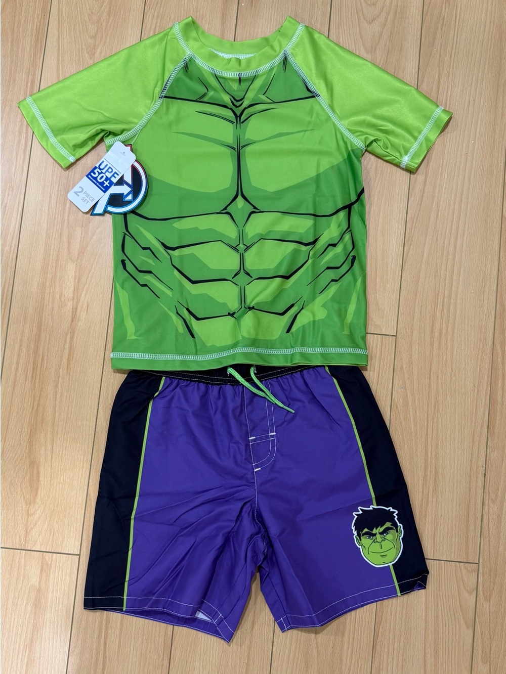 Marvel Kids Raglan Green Hulk Rash Guard and Purple Swim Trunks